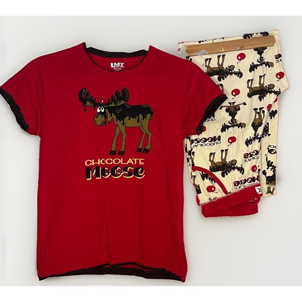 Lazy One S Chocolate Moose Pajama Set Red Graphic Tee Cotton PJ Pants Lounge